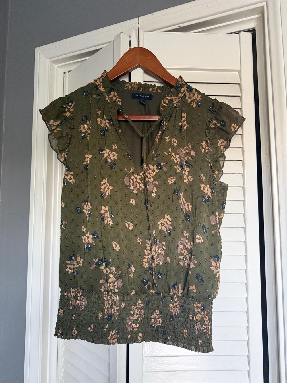 Olive Floral Tie-Neck Smocked-Hem Blouse